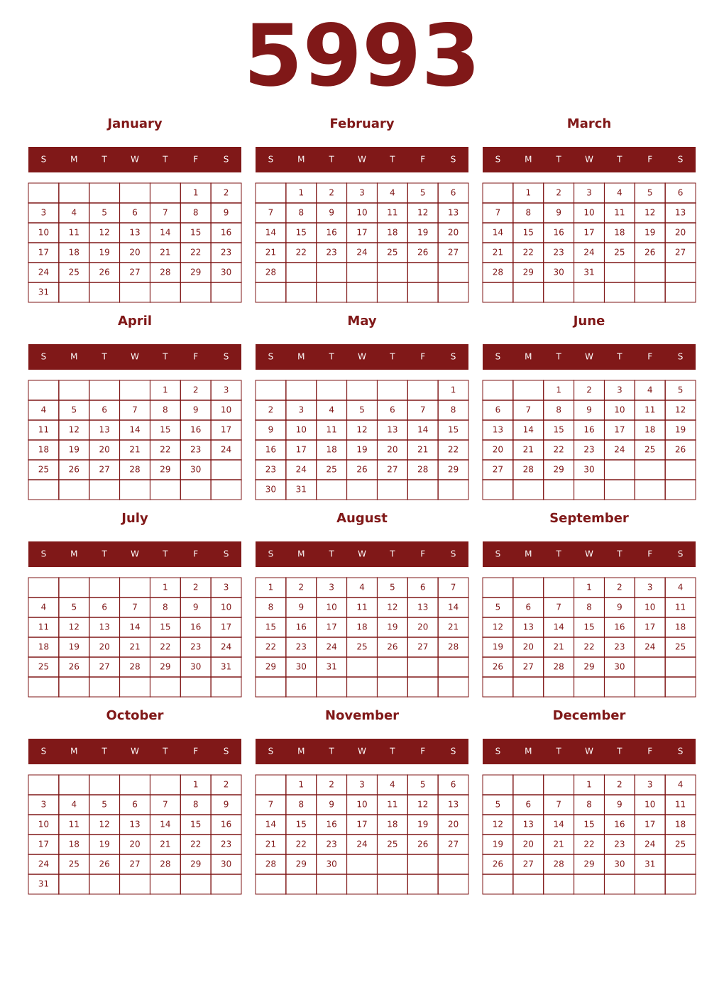 Printable 5993 Year Calendars falu