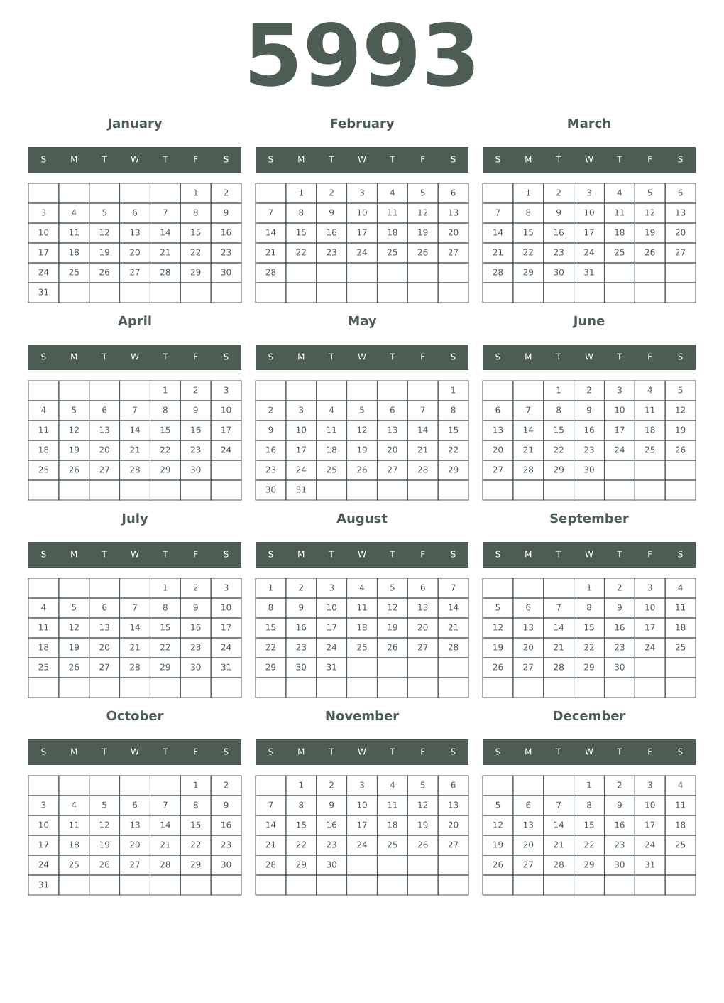 Printable 5993 Year Calendars feldgrau