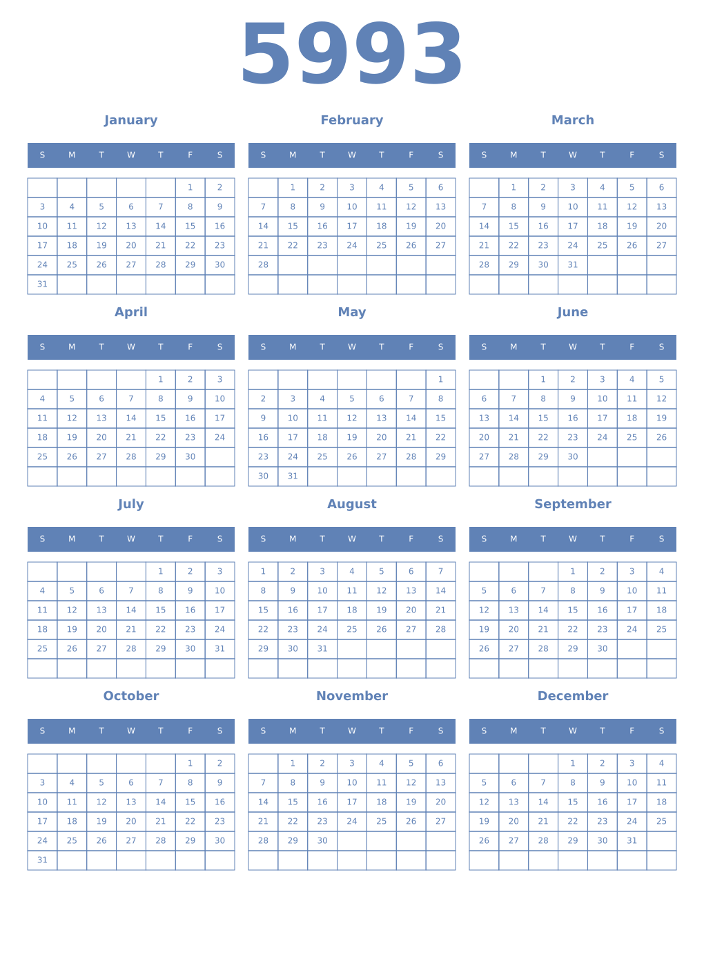 Printable 5993 Year Calendars glaucous