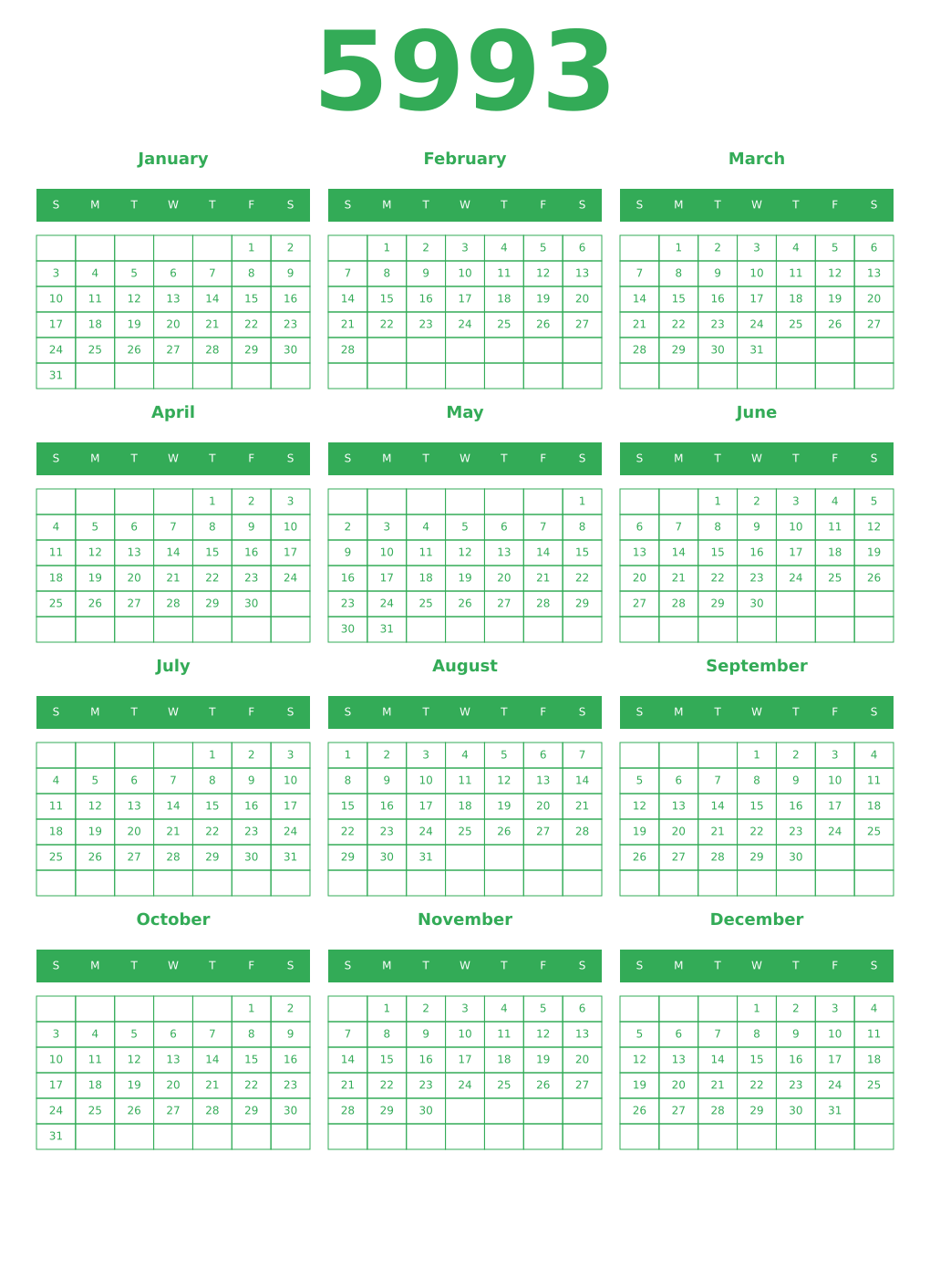 Printable 5993 Year Calendars green