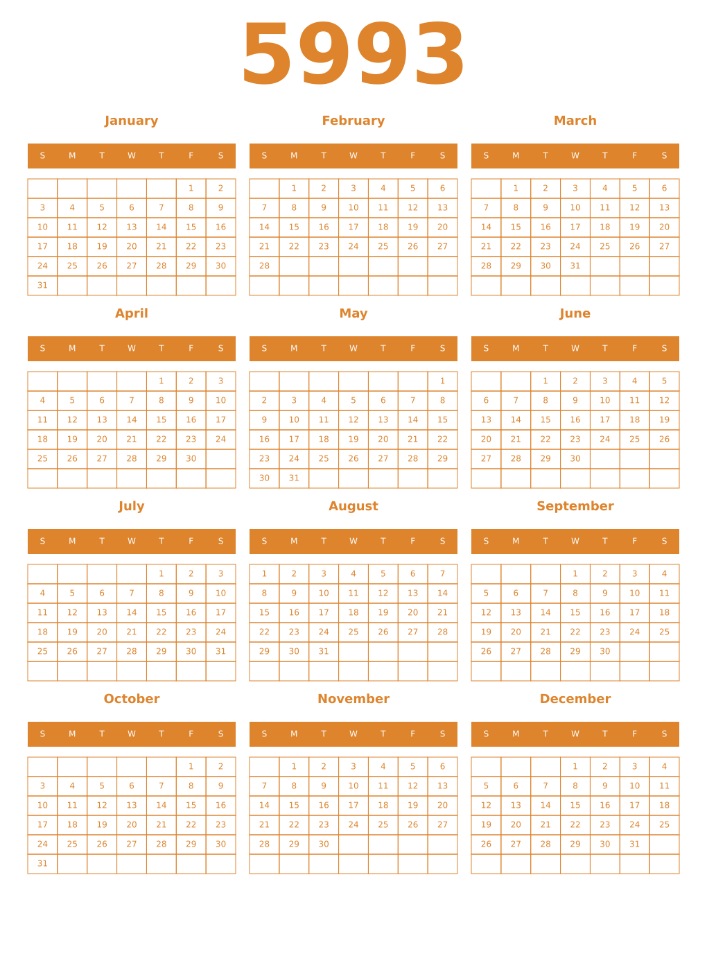 Printable 5993 Year Calendars orange