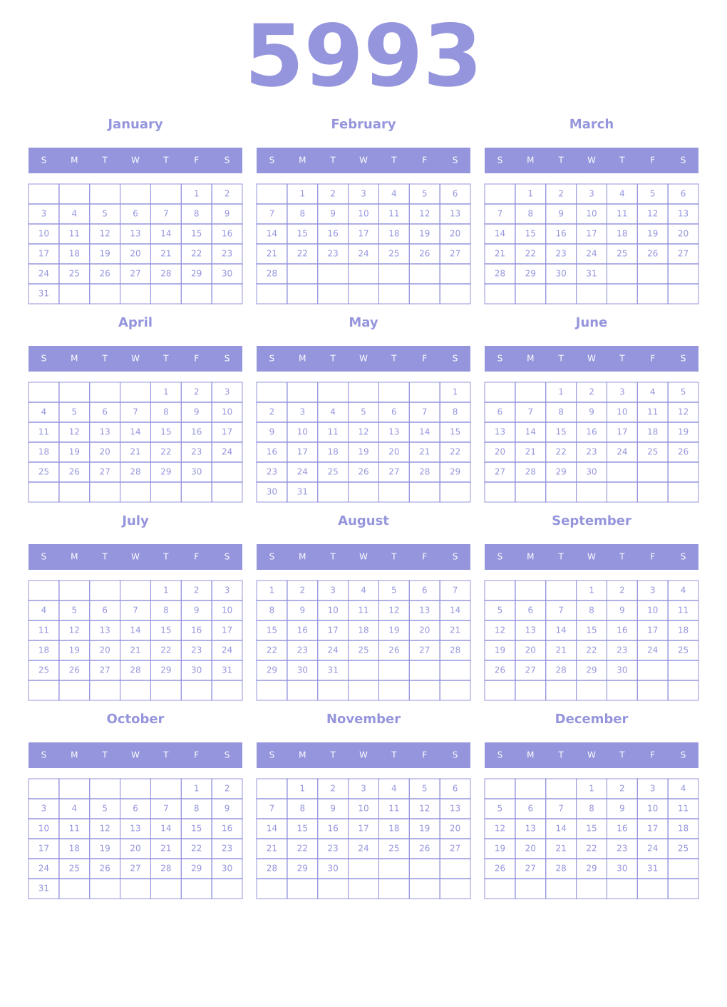 Printable 5993 Year Calendars periwinkle