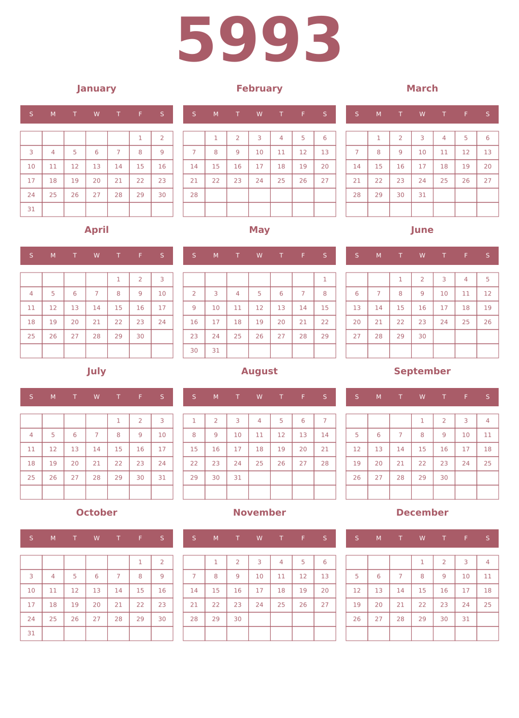 Printable 5993 Year Calendars puce