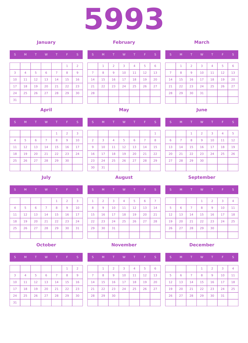 Printable 5993 Year Calendars purple