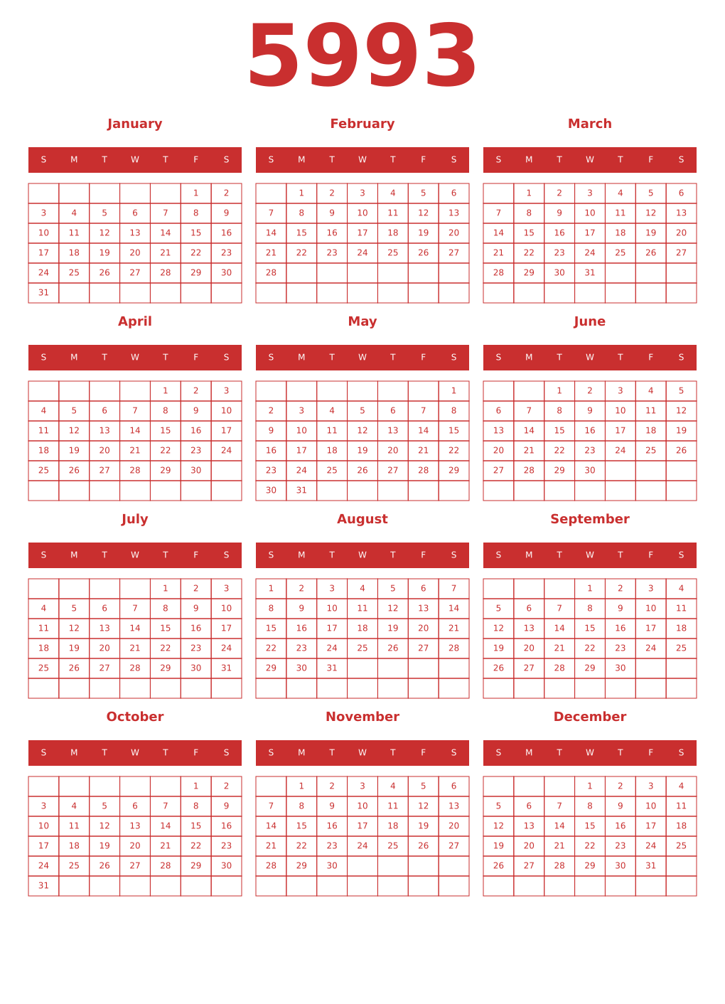 Printable 5993 Year Calendars red