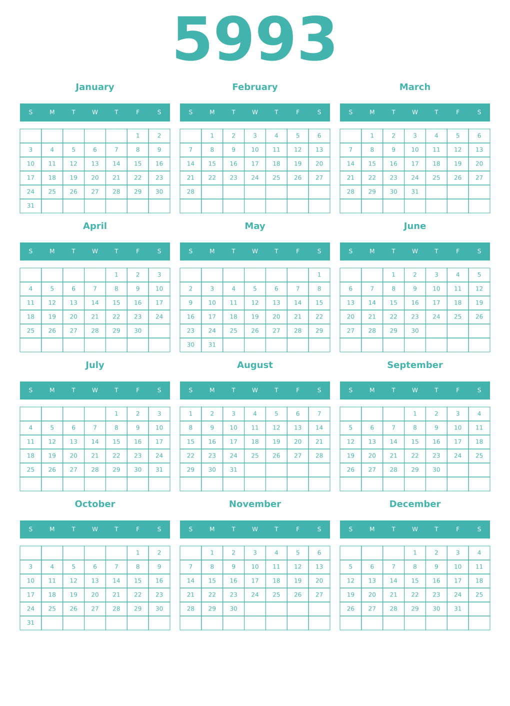 Printable 5993 Year Calendars verdigris
