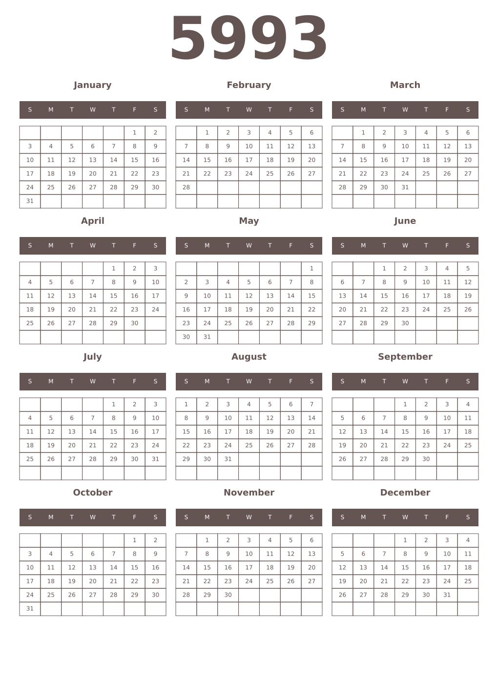 Printable 5993 Year Calendars wenge