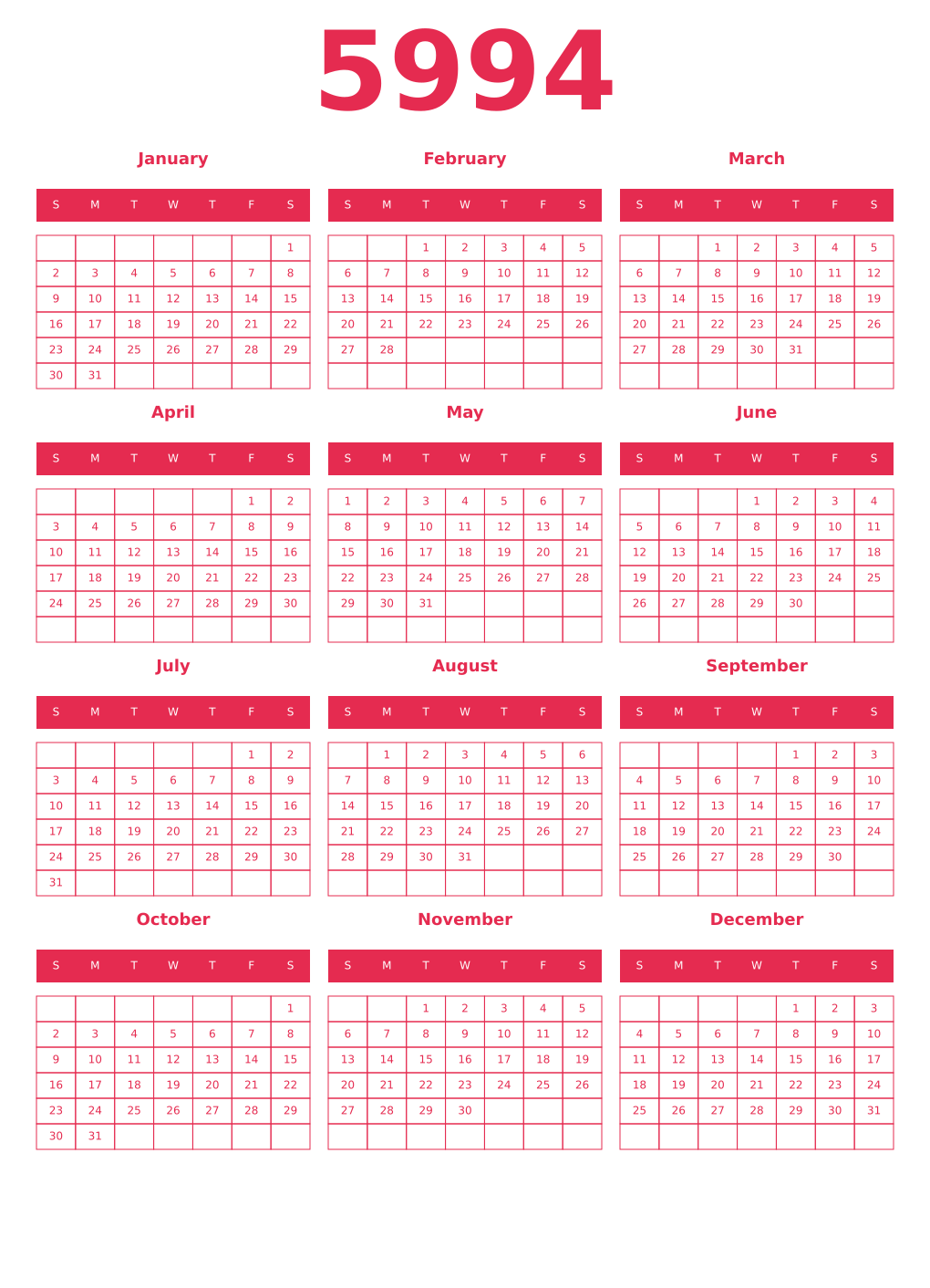 Printable 5994 Year Calendars amaranth