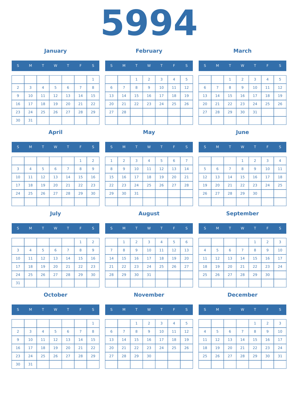 Printable 5994 Year Calendars blue