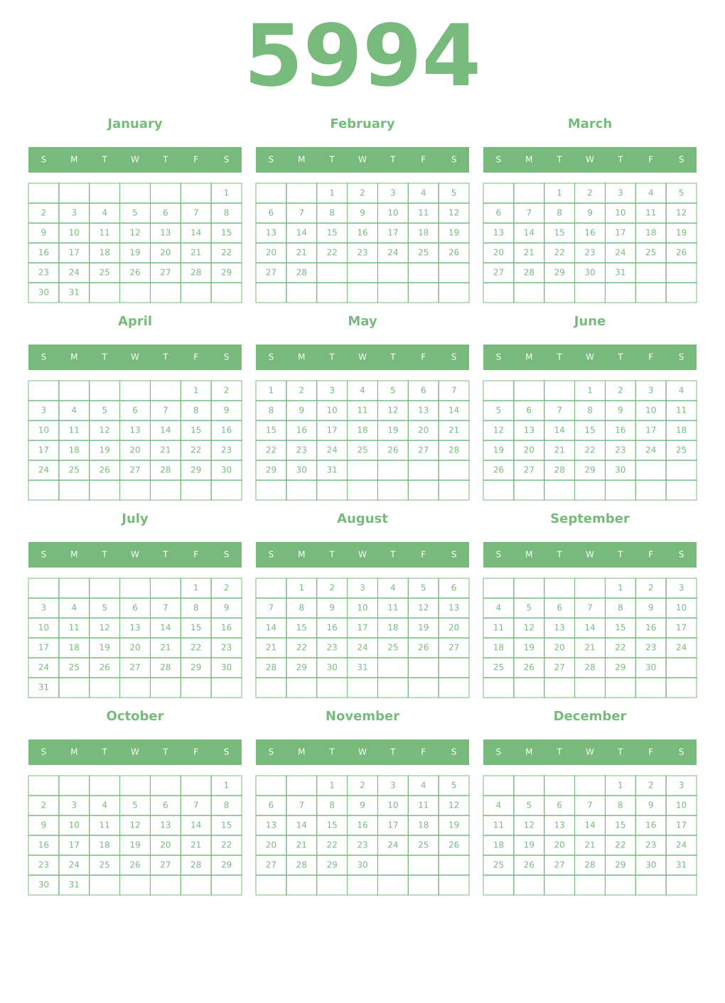 Printable 5994 Year Calendars celadon
