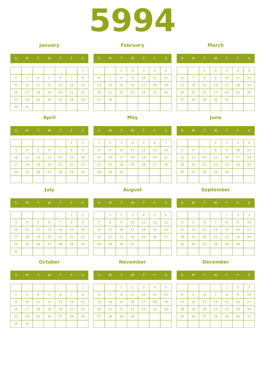 Printable 5994 Year Calendars chartreuse