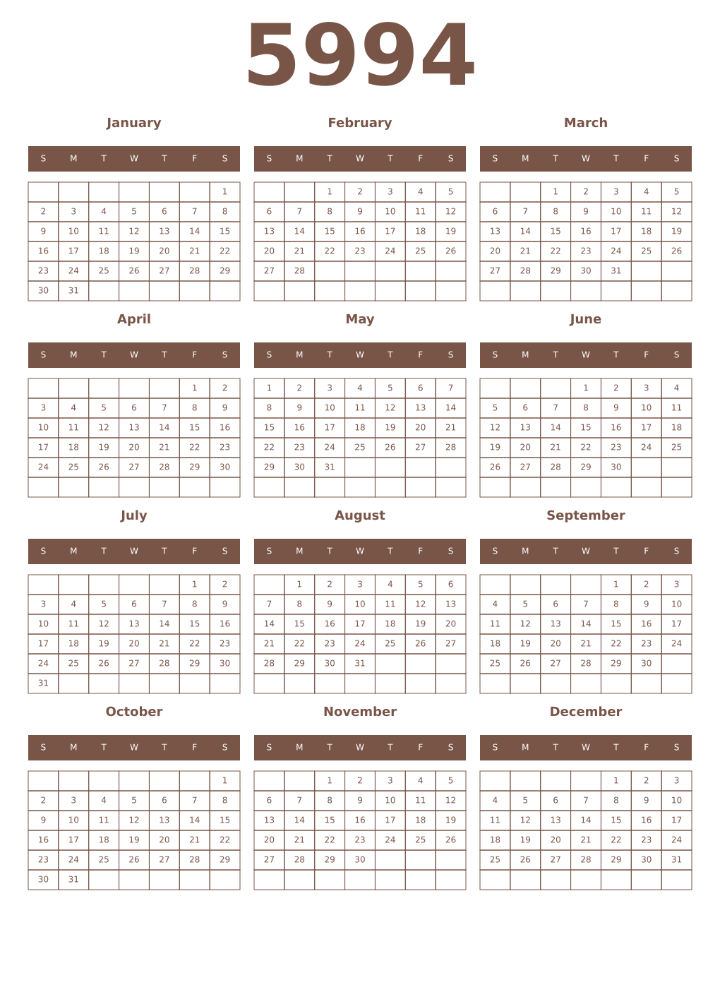 Printable 5994 Year Calendars coffe