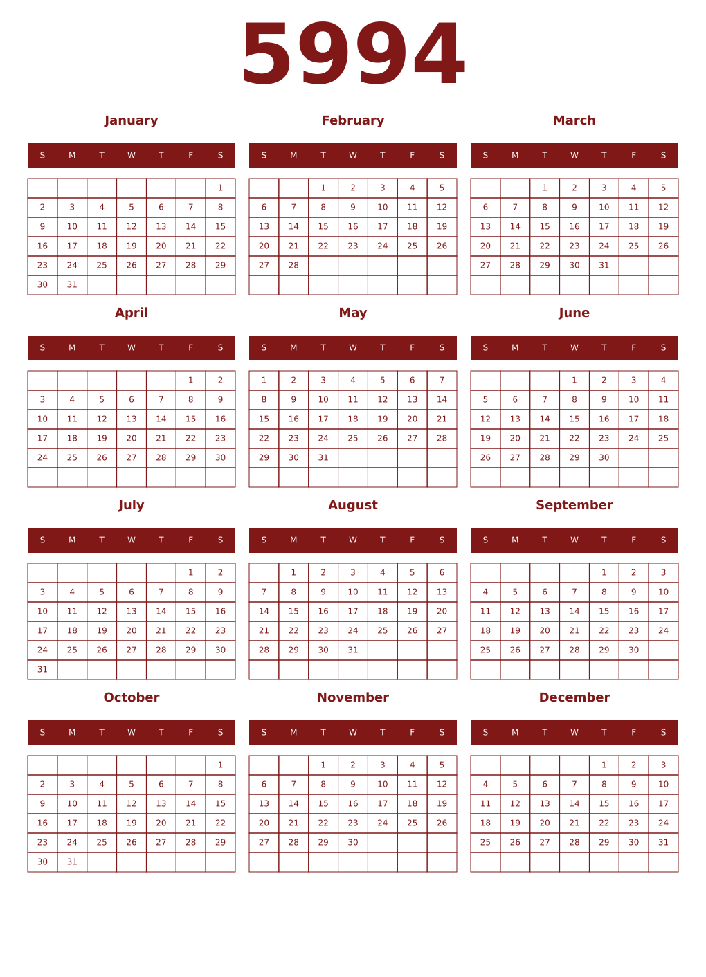 Printable 5994 Year Calendars falu