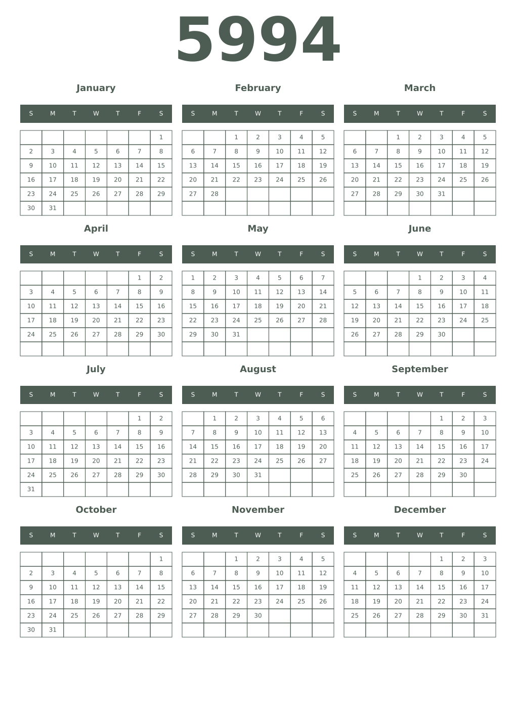 Printable 5994 Year Calendars feldgrau