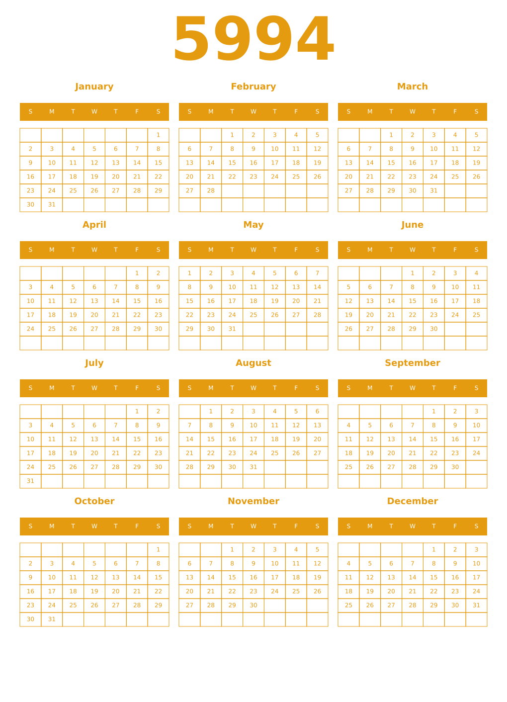 Printable 5994 Year Calendars gamboge
