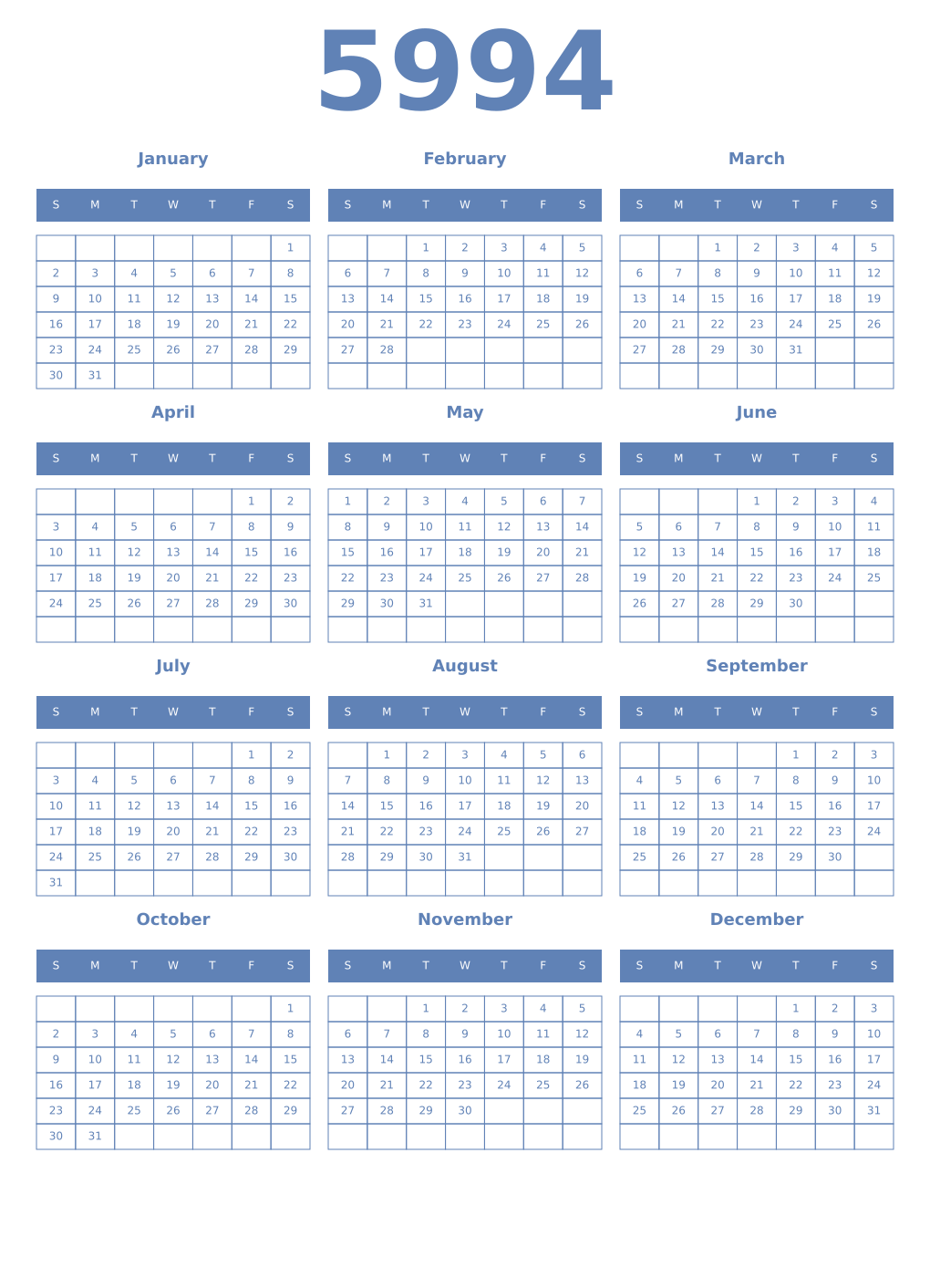 Printable 5994 Year Calendars glaucous