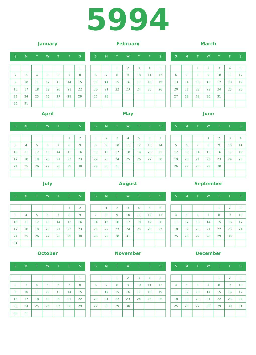 Printable 5994 Year Calendars green