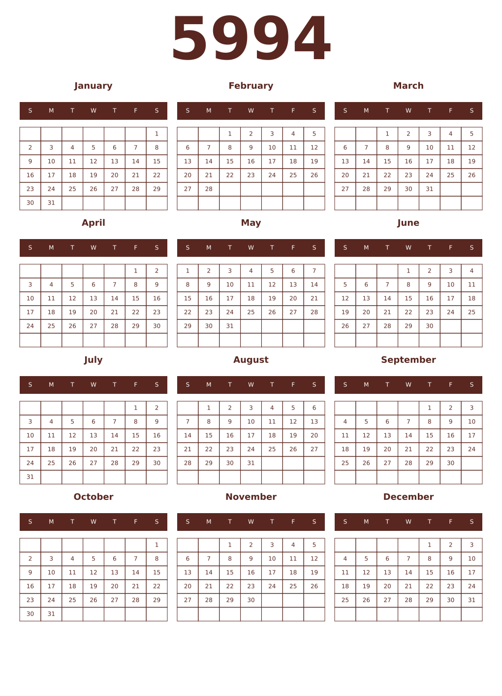 Printable 5994 Year Calendars mortuum