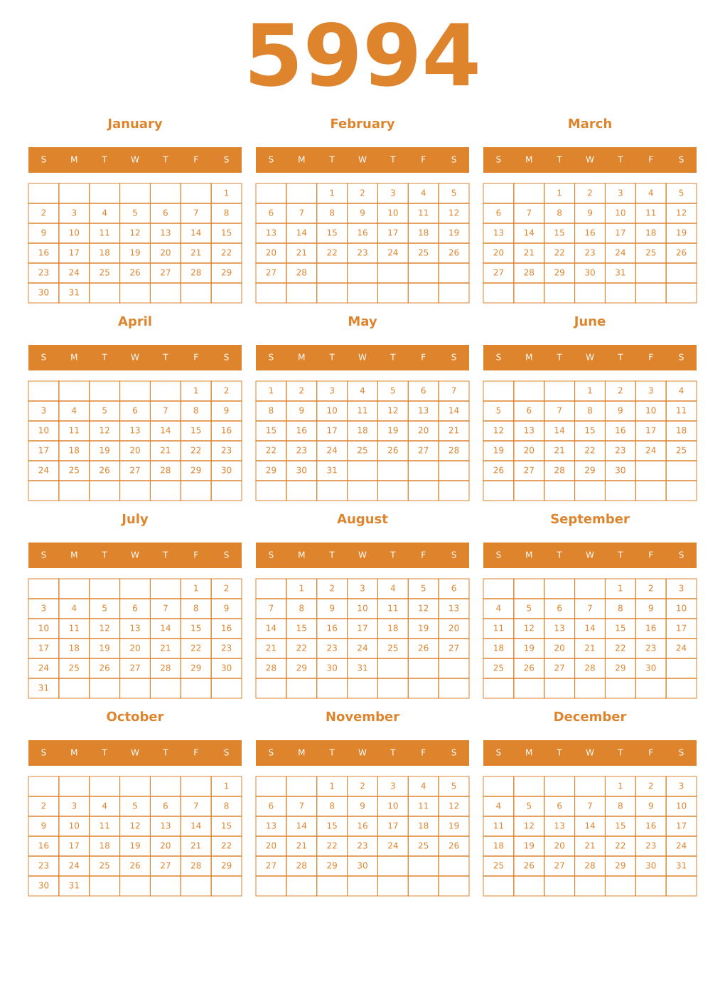Printable 5994 Year Calendars orange