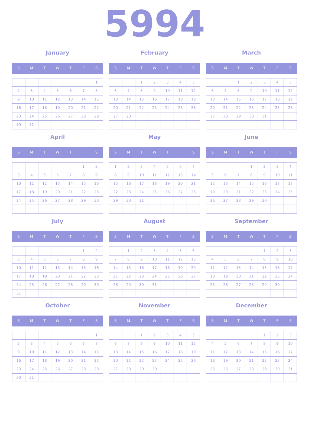 Printable 5994 Year Calendars periwinkle