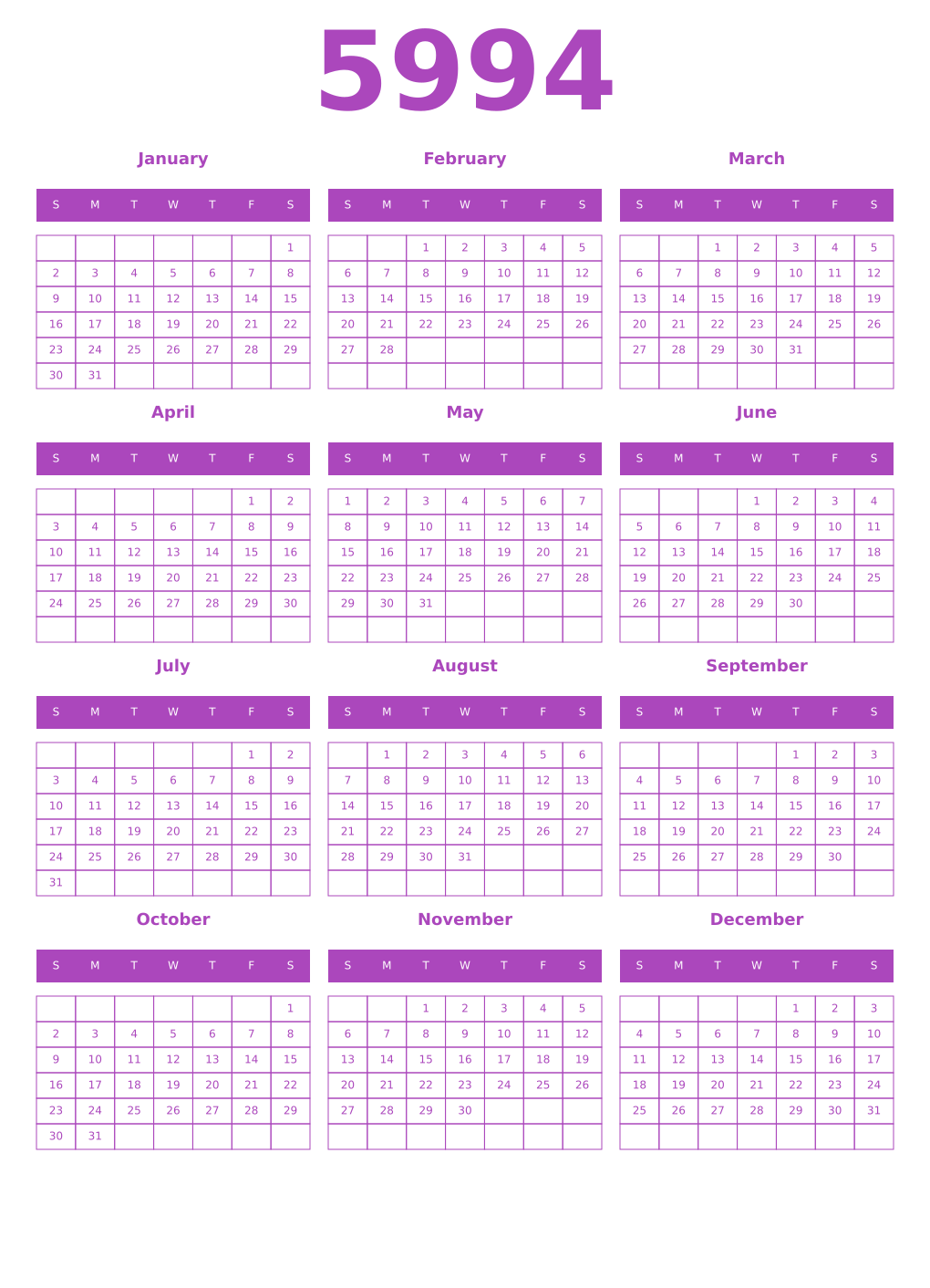 Printable 5994 Year Calendars purple