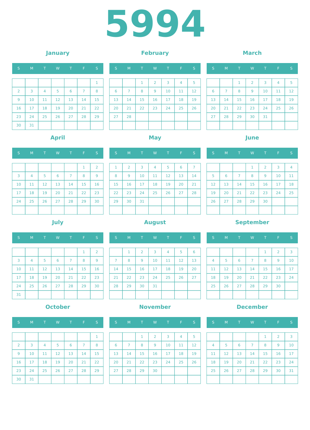 Printable 5994 Year Calendars verdigris