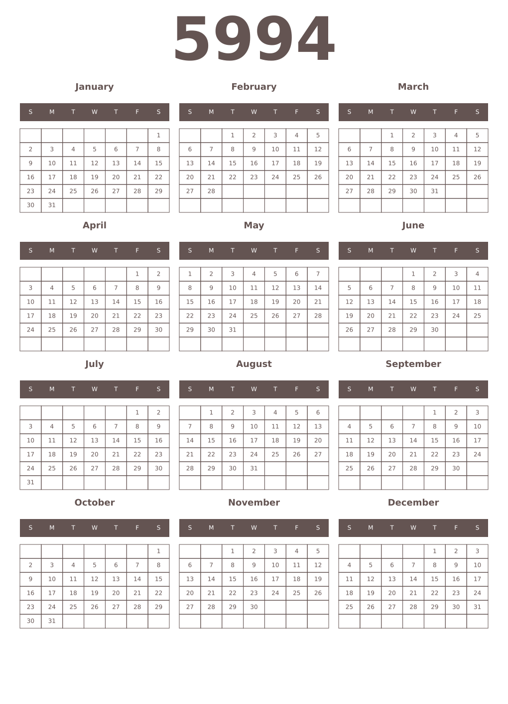 Printable 5994 Year Calendars wenge