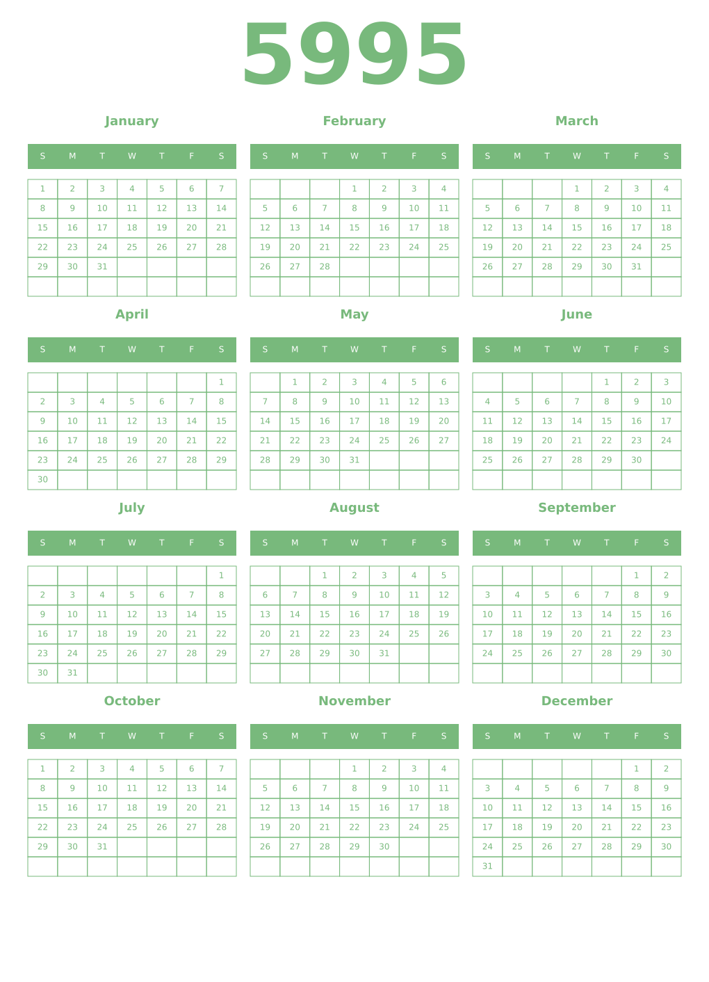 Printable 5995 Year Calendars celadon