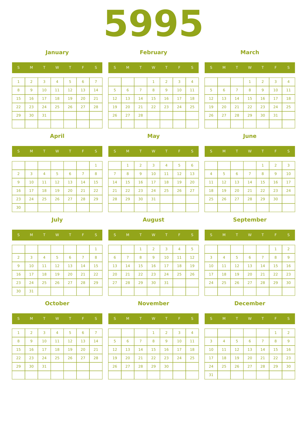 Printable 5995 Year Calendars chartreuse