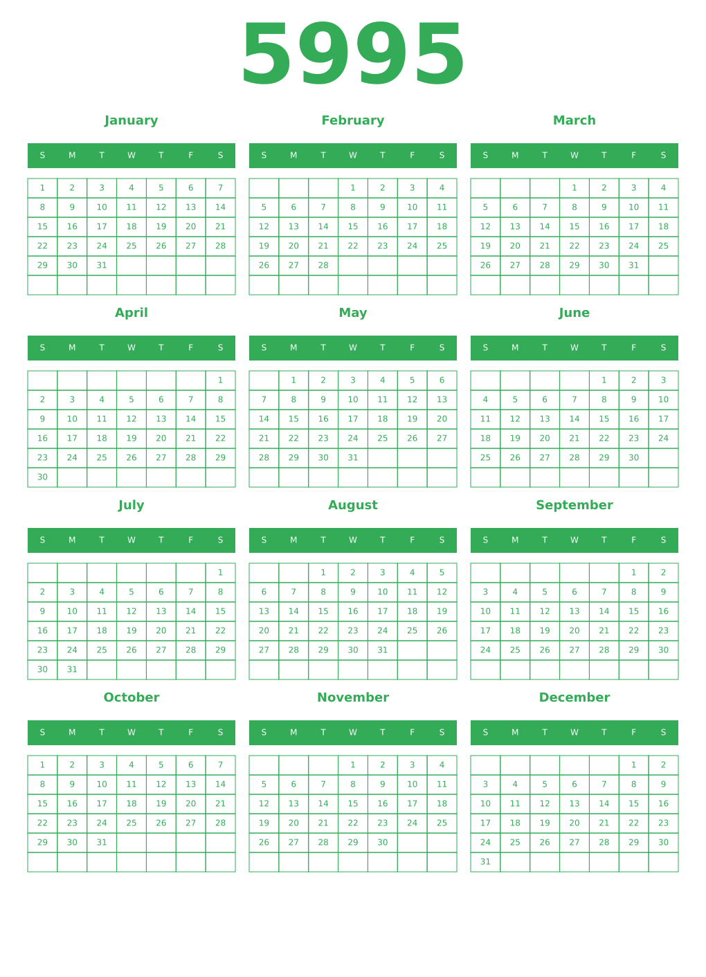 Printable 5995 Year Calendars green