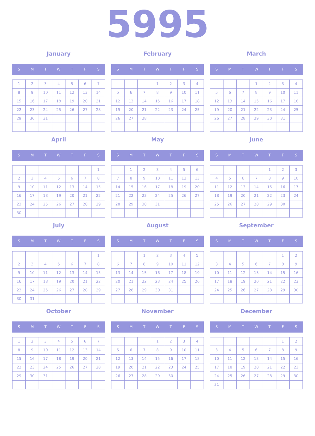 Printable 5995 Year Calendars periwinkle
