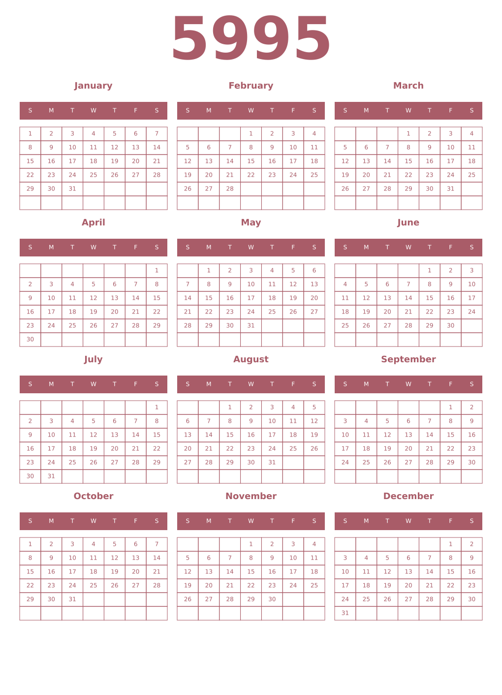 Printable 5995 Year Calendars puce