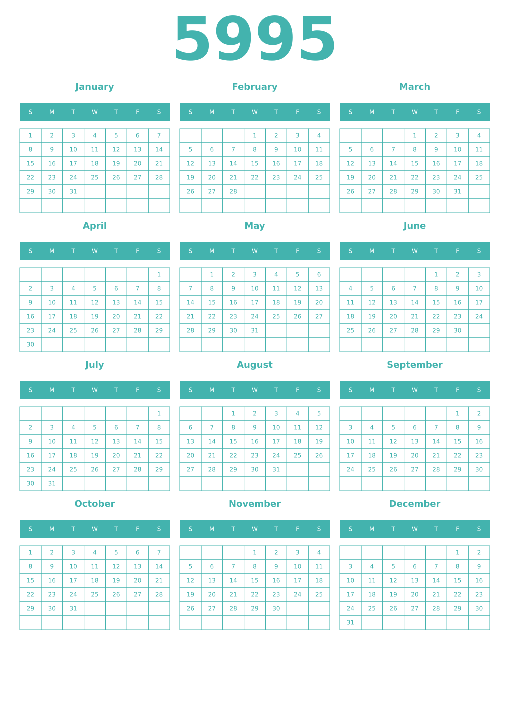Printable 5995 Year Calendars verdigris