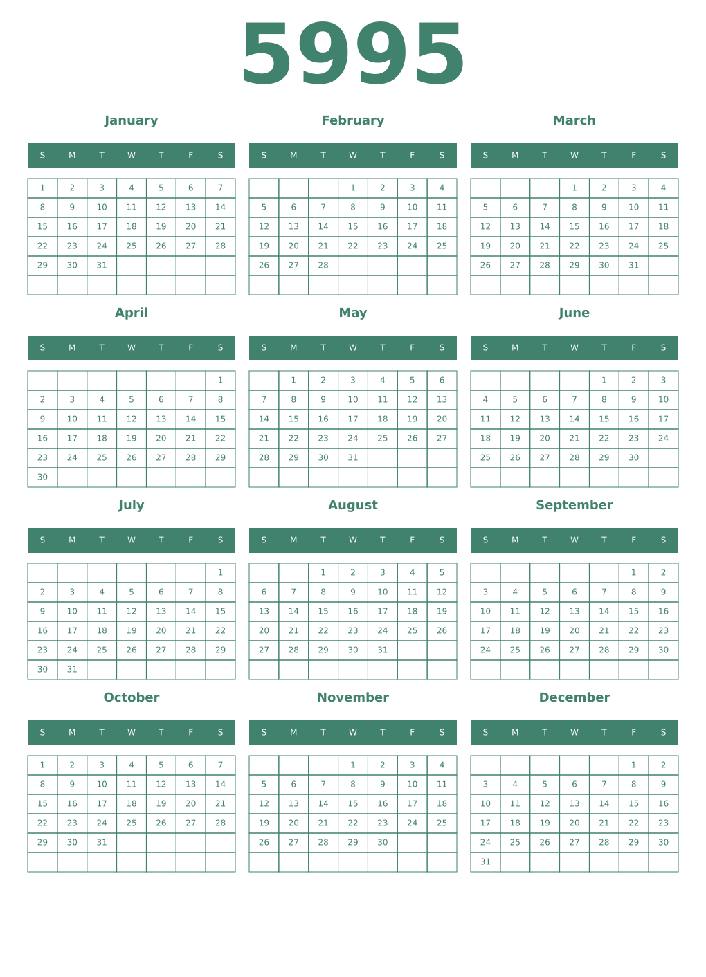 Printable 5995 Year Calendars viridian