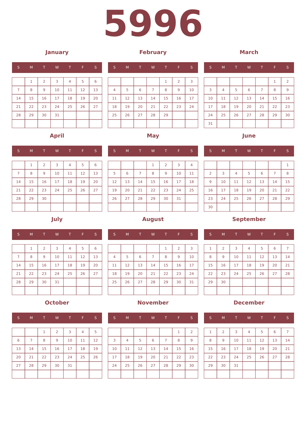 Printable 5996 Year Calendars cordovan