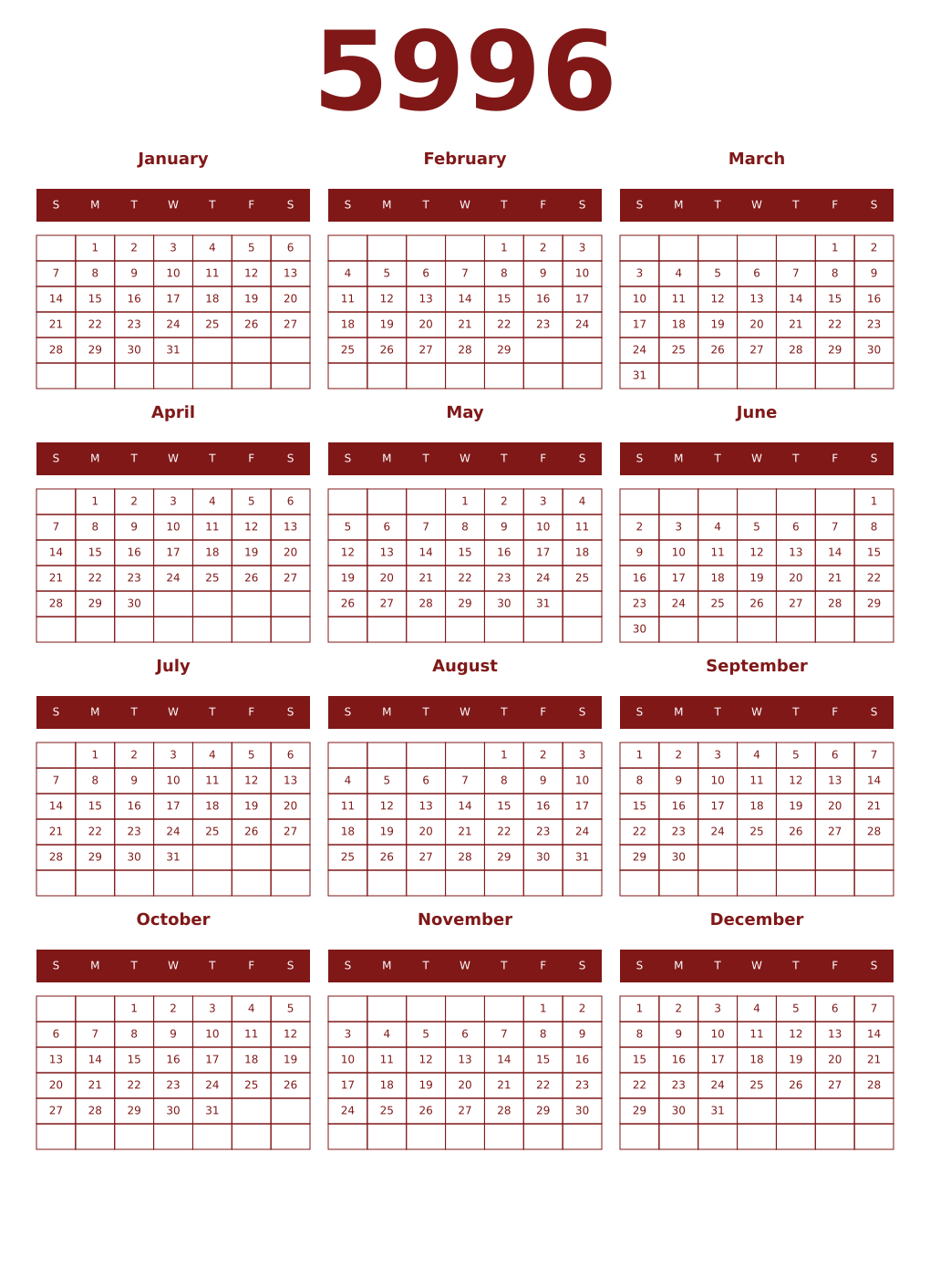 Printable 5996 Year Calendars falu