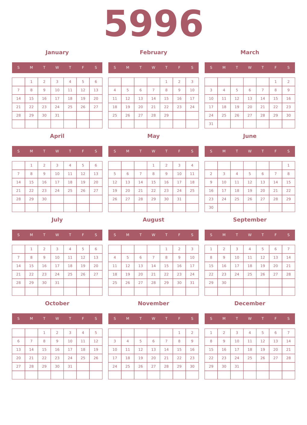 Printable 5996 Year Calendars puce