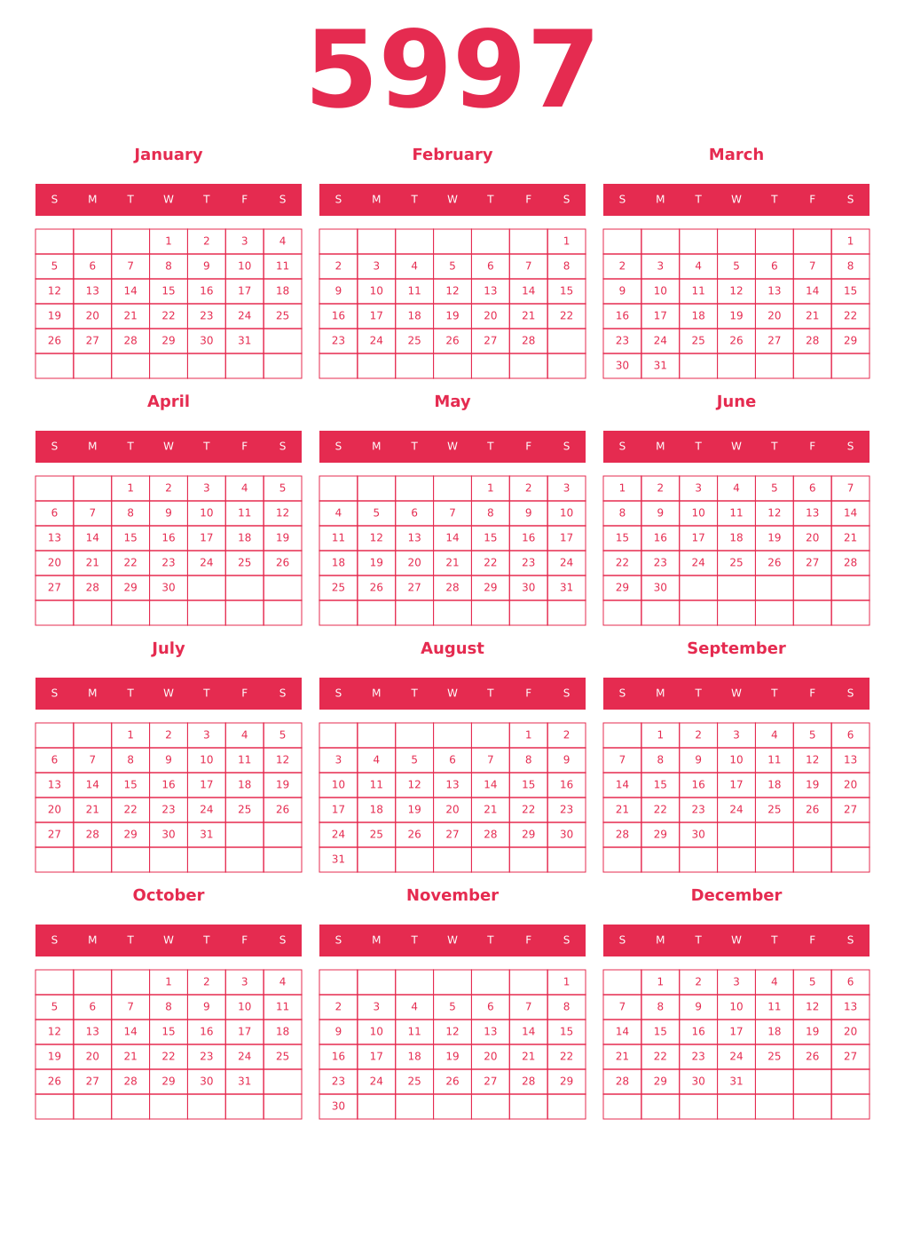 Printable 5997 Year Calendars amaranth