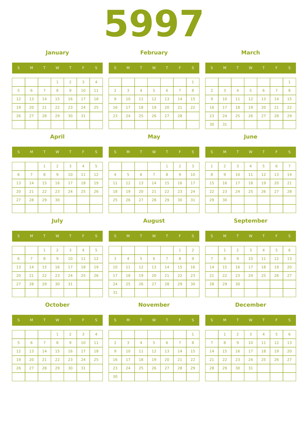 Printable 5997 Year Calendars chartreuse