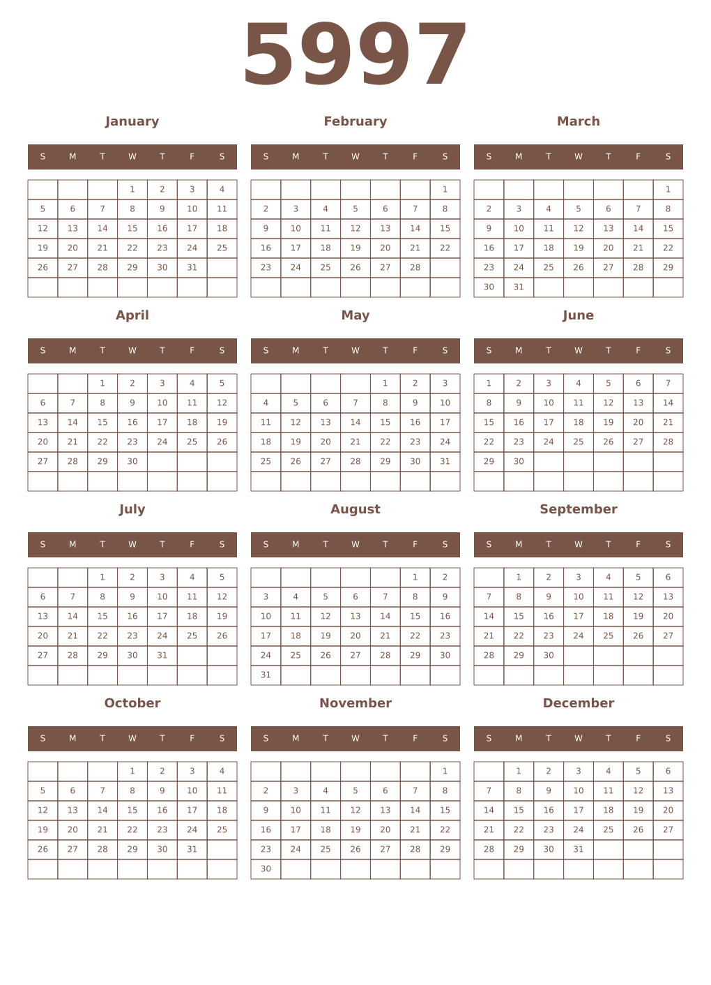 Printable 5997 Year Calendars coffe