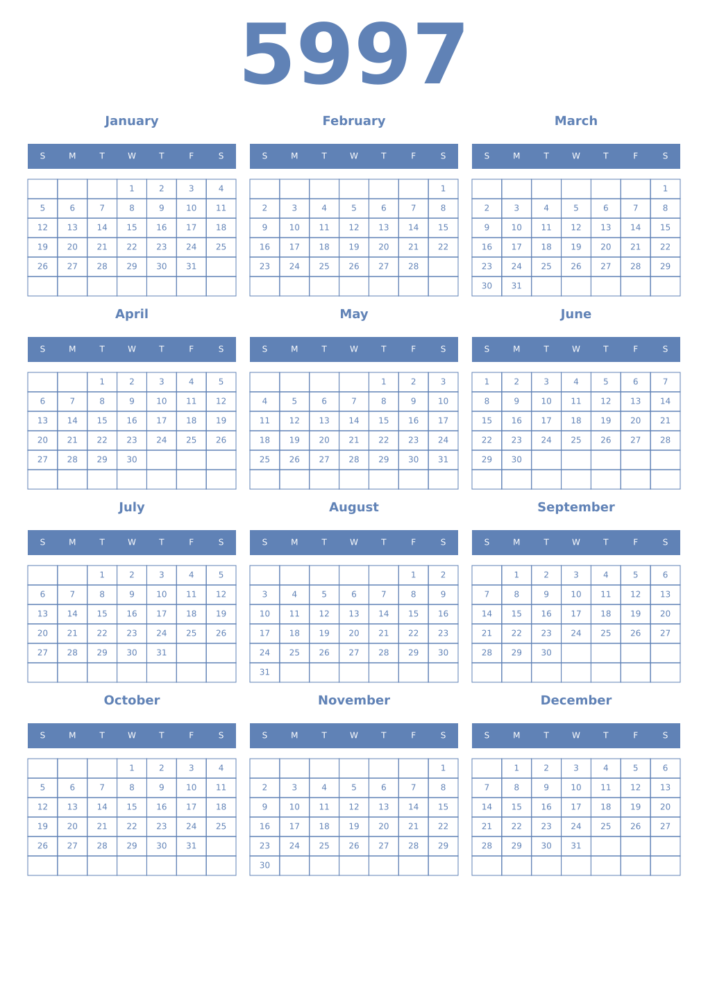Printable 5997 Year Calendars glaucous