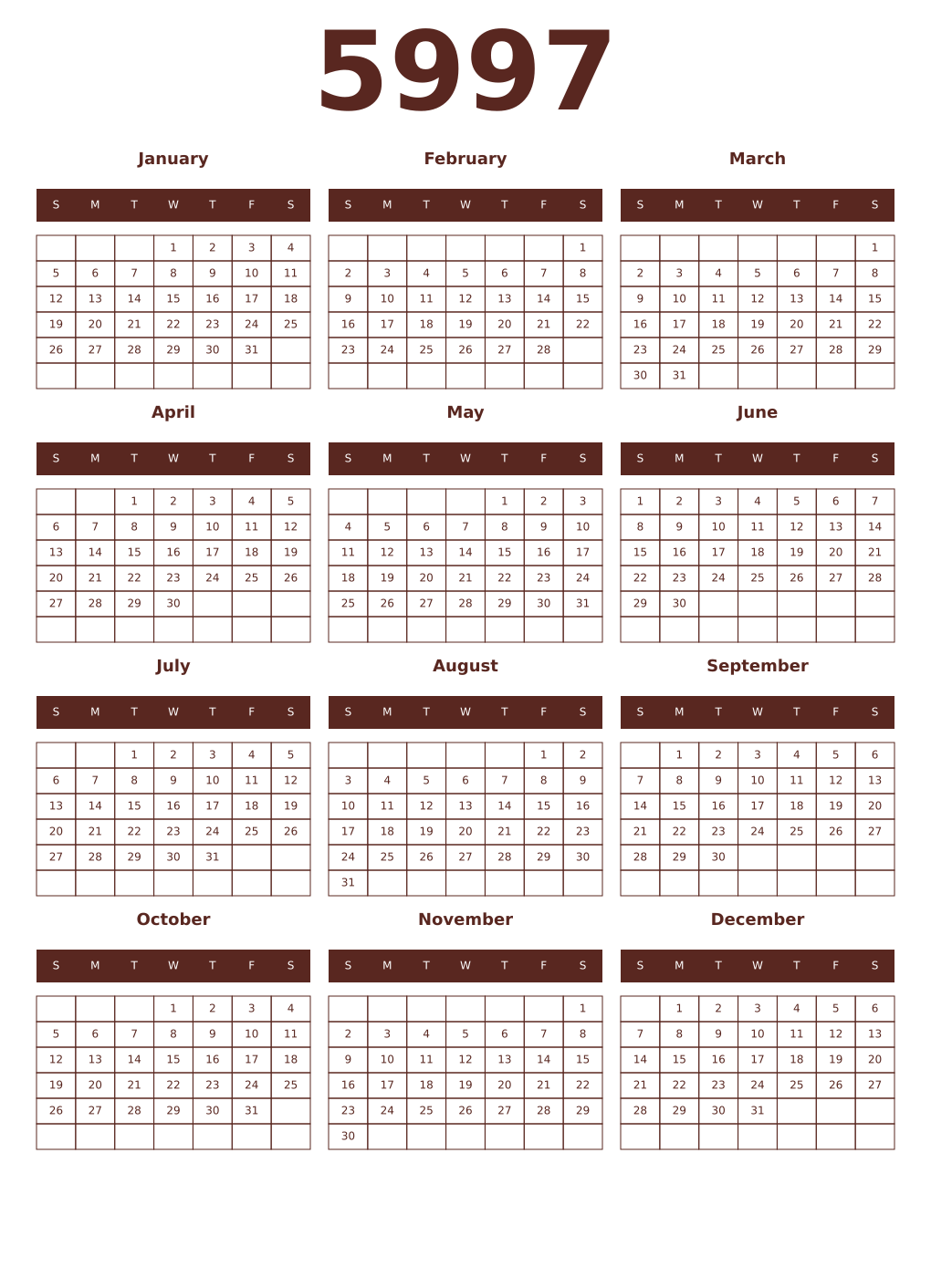 Printable 5997 Year Calendars mortuum