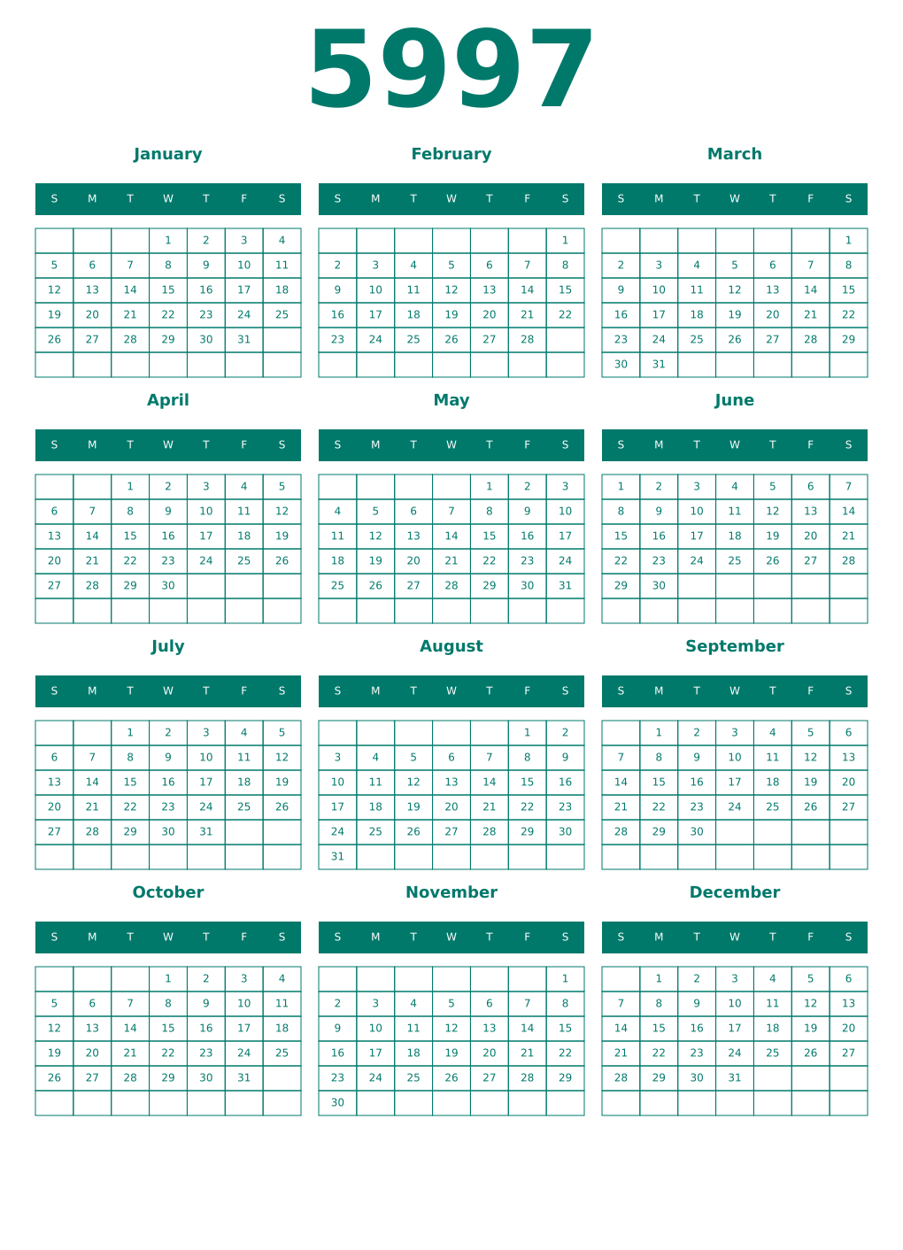 Printable 5997 Year Calendars pastel