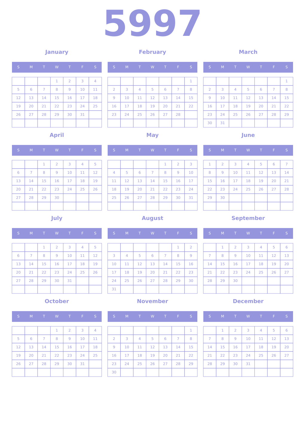 Printable 5997 Year Calendars periwinkle