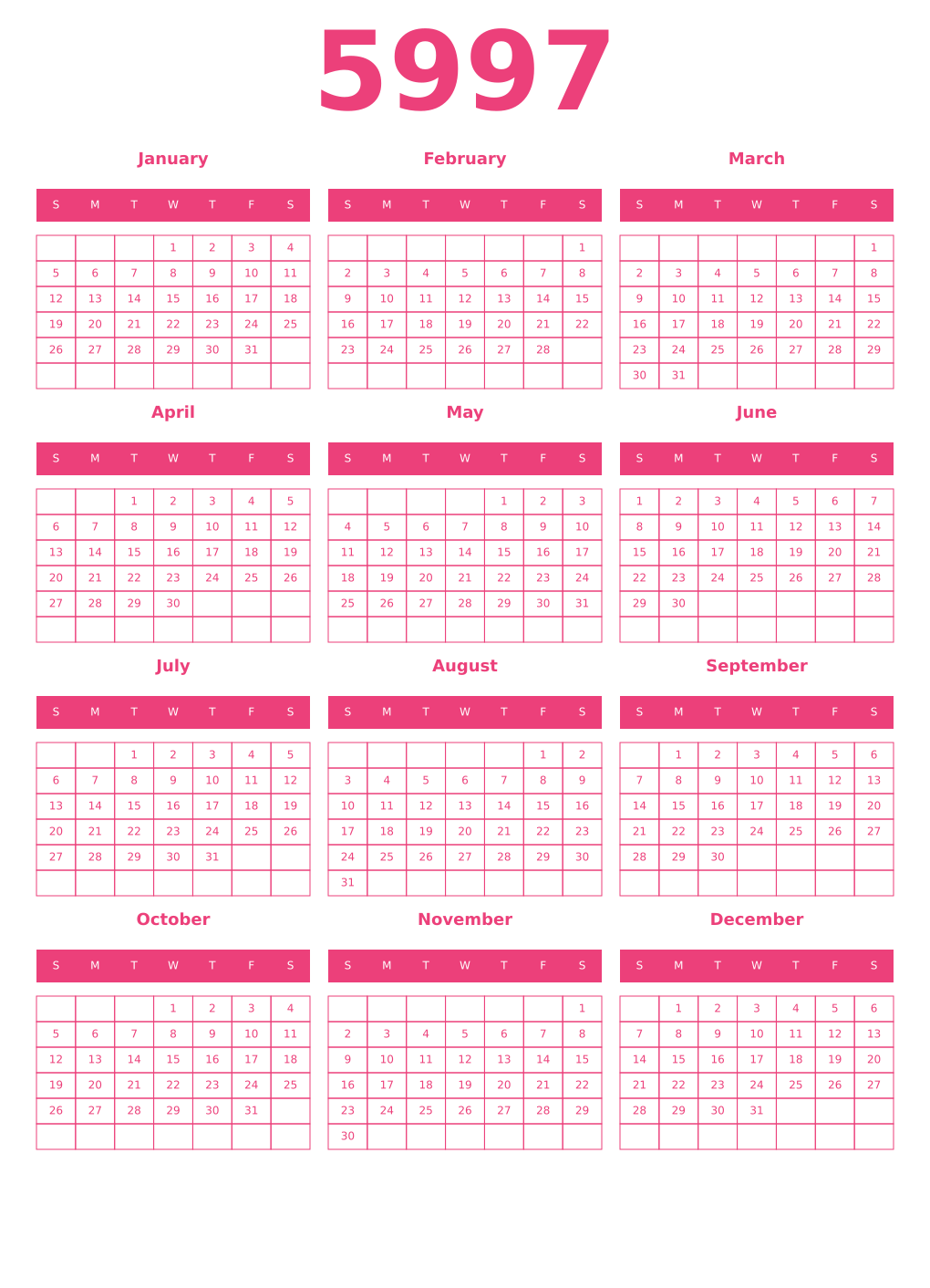 Printable 5997 Year Calendars pink