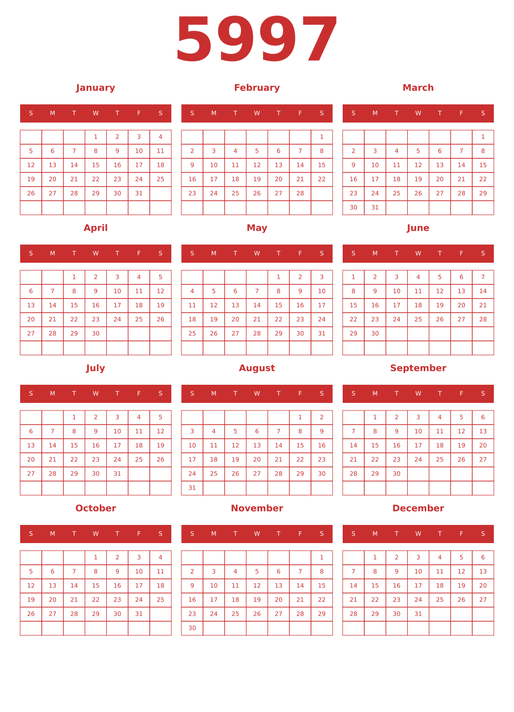 Printable 5997 Year Calendars red
