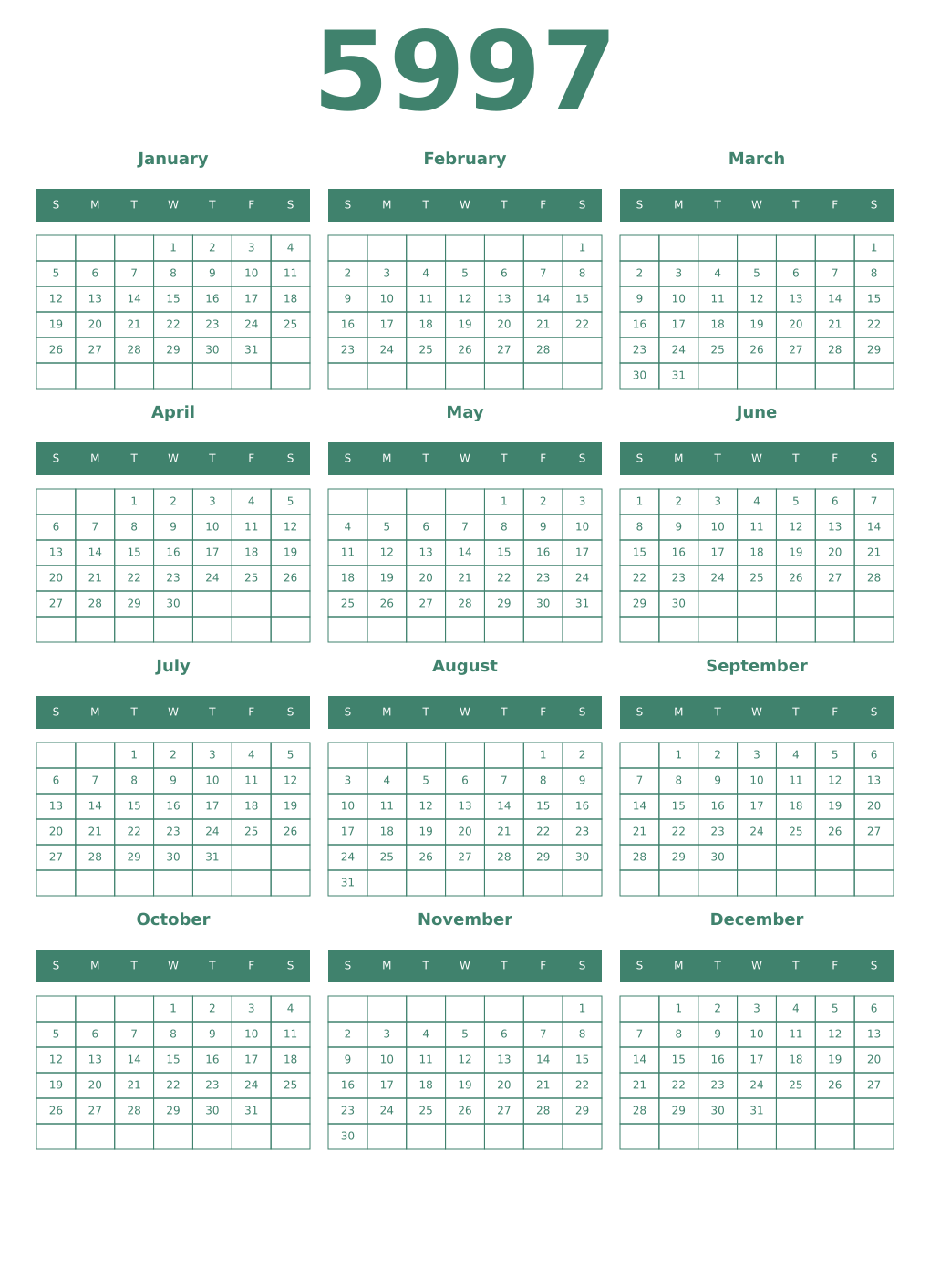 Printable 5997 Year Calendars viridian
