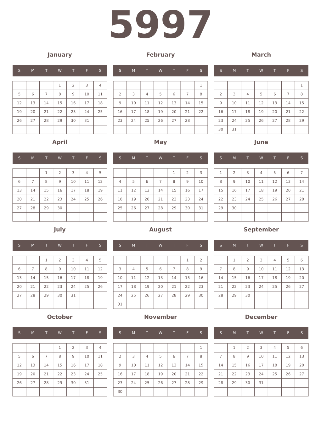 Printable 5997 Year Calendars wenge