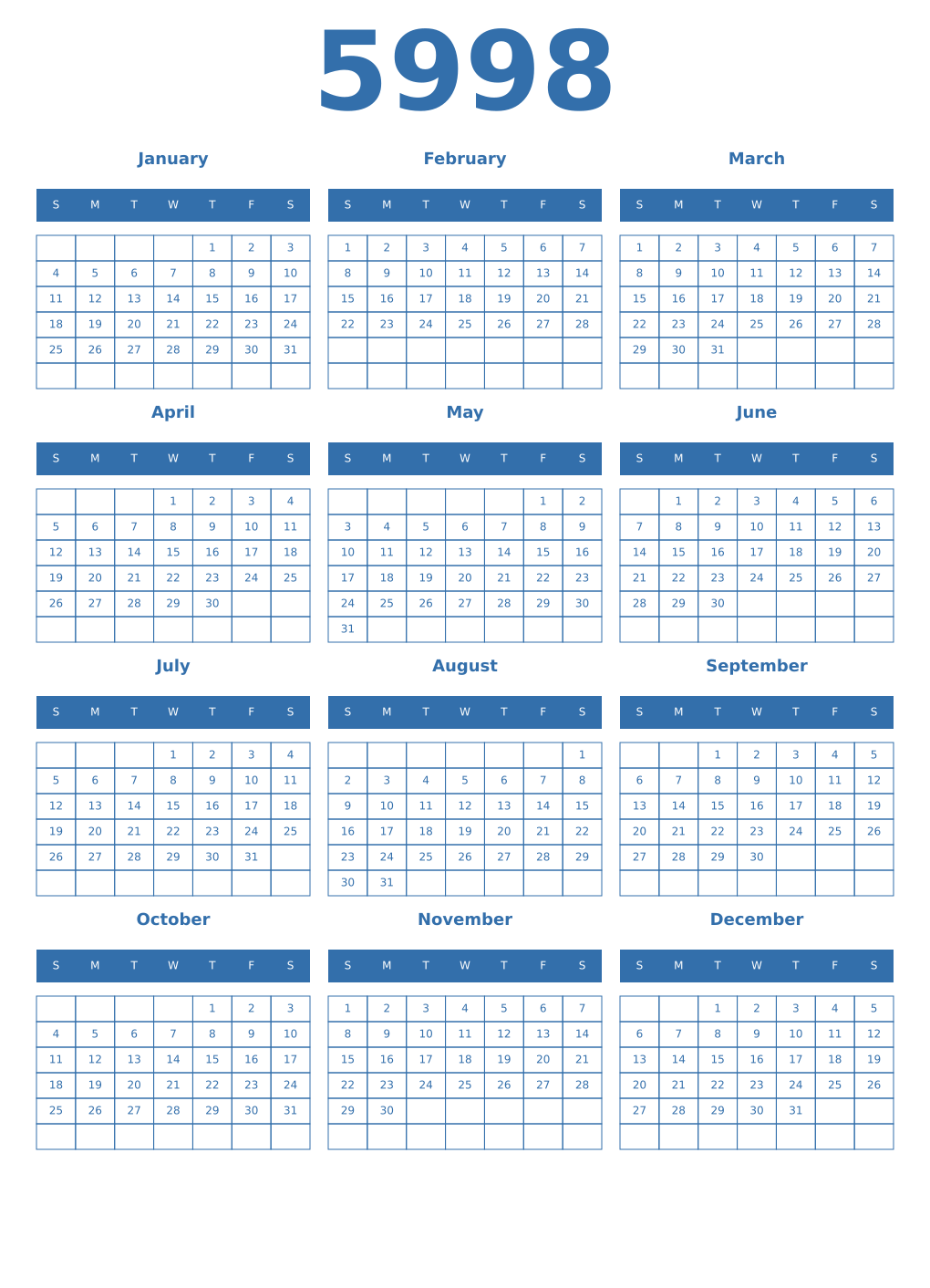 Printable 5998 Year Calendars blue