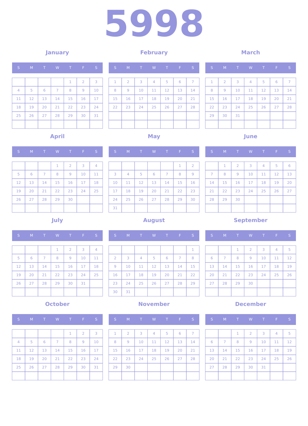 Printable 5998 Year Calendars periwinkle